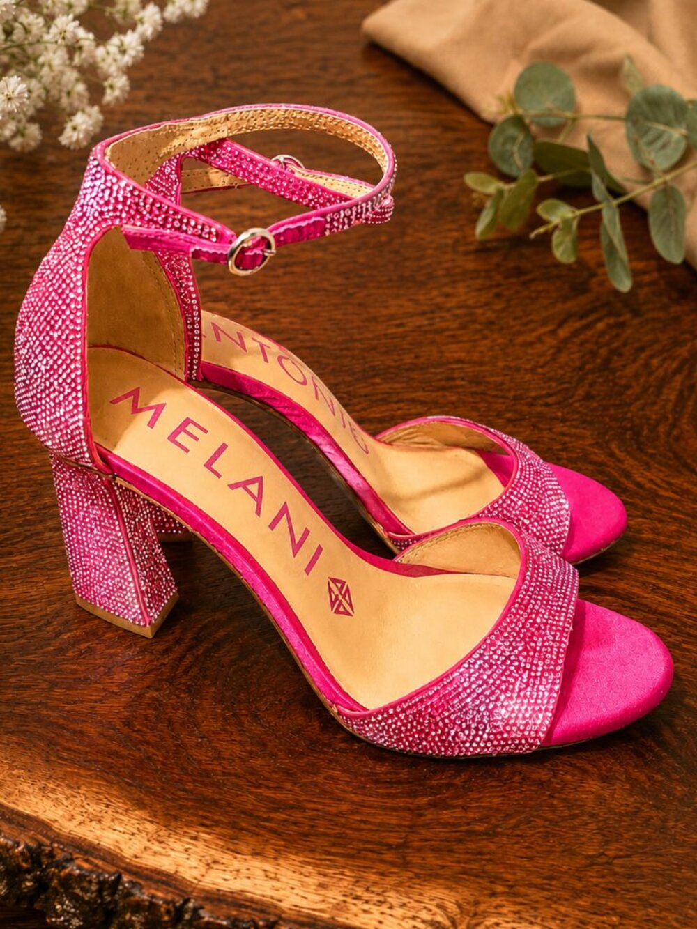 Antonio Melani Rhinestone Heels Pink Fuchsia Size 6M Block Heel Ankle Strap NWOT